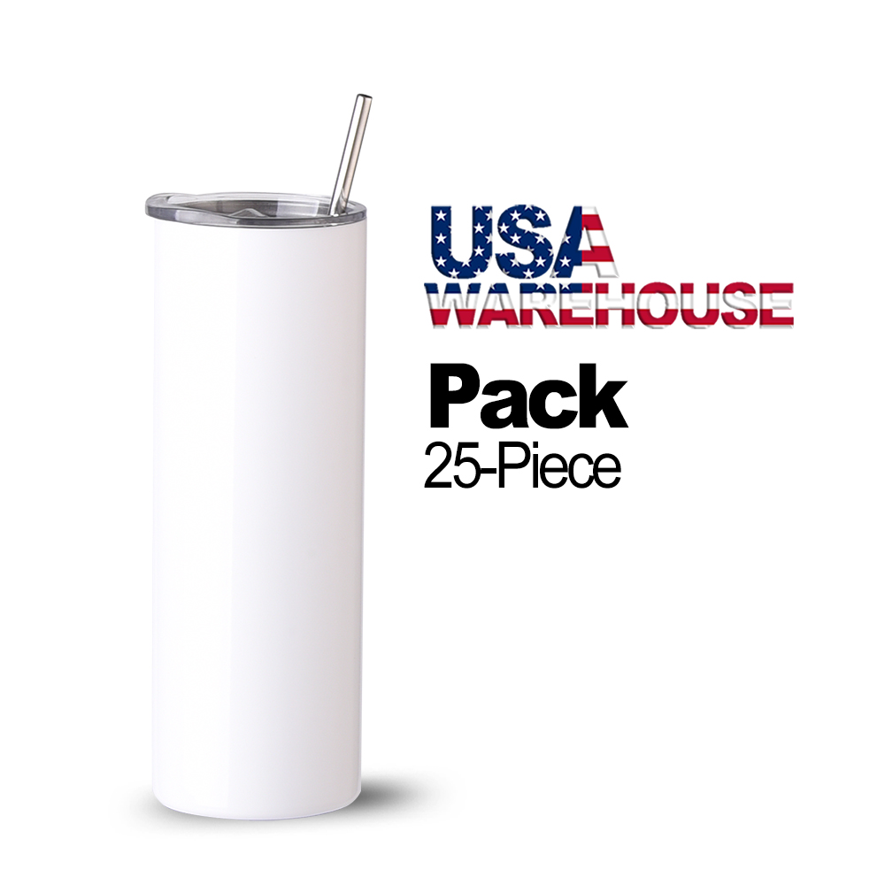 50Pack 20oz White Sublimation Straight Skinny Tumbler Blanks with Plastic  Strwas