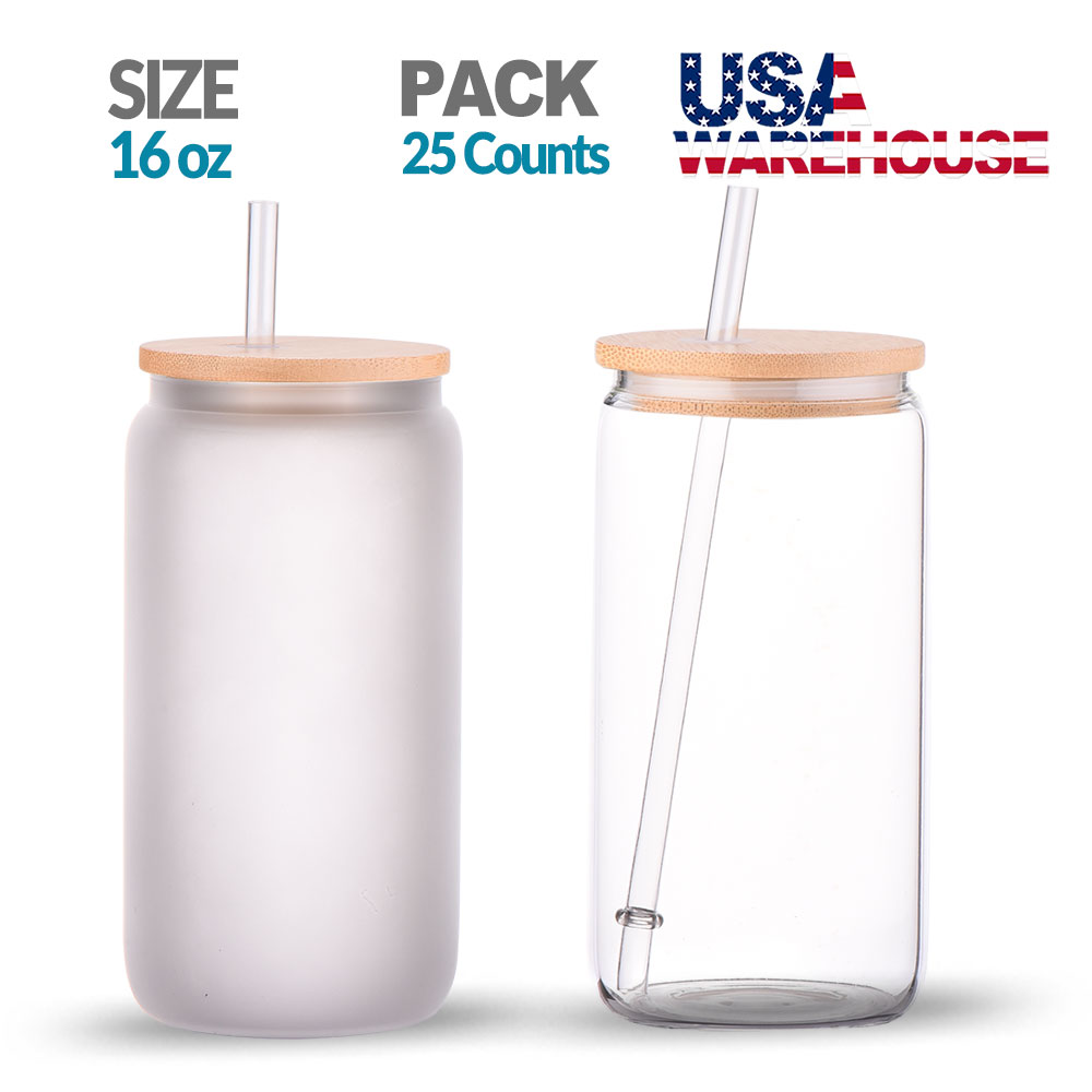 RTS 16oz Sublimation Ready Glass Can tumblers with bamboo lid and plas