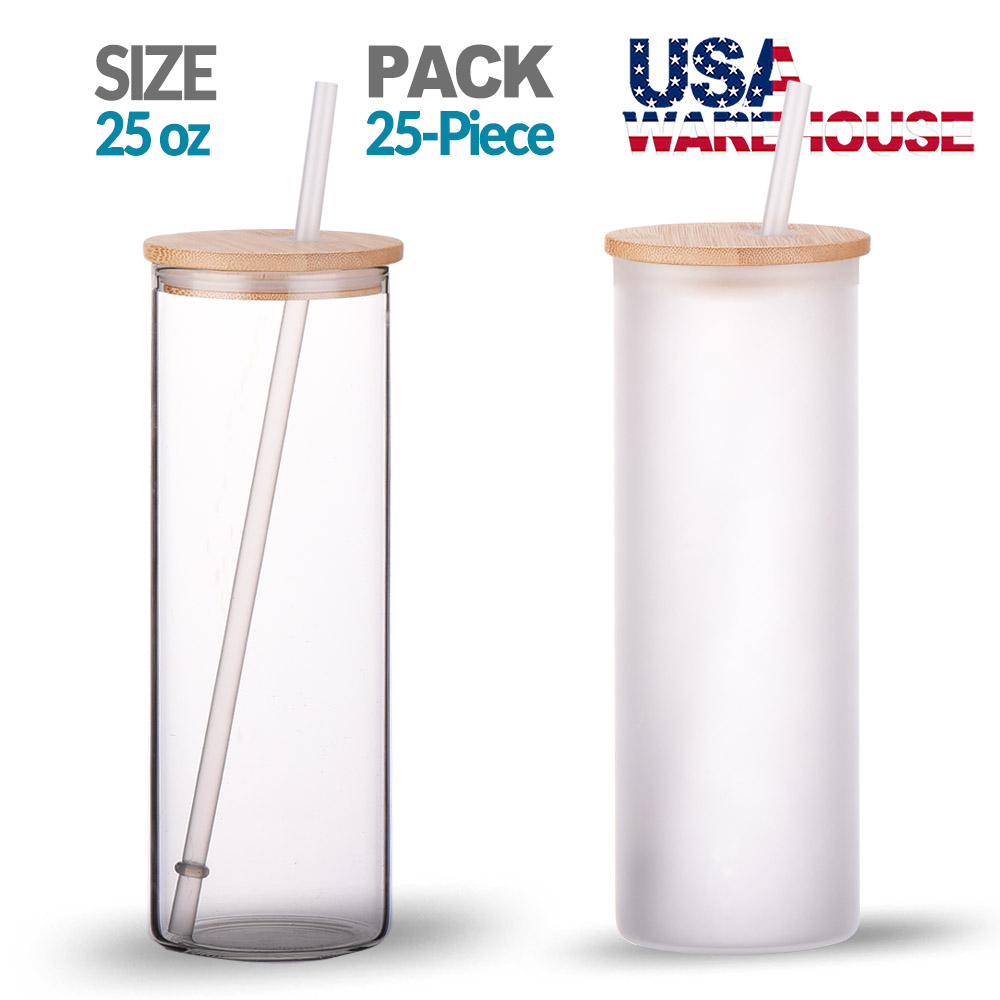 Sublimation Glass Tumbler with Bamboo Lid and Metal Straw 24 oz 4 Pack