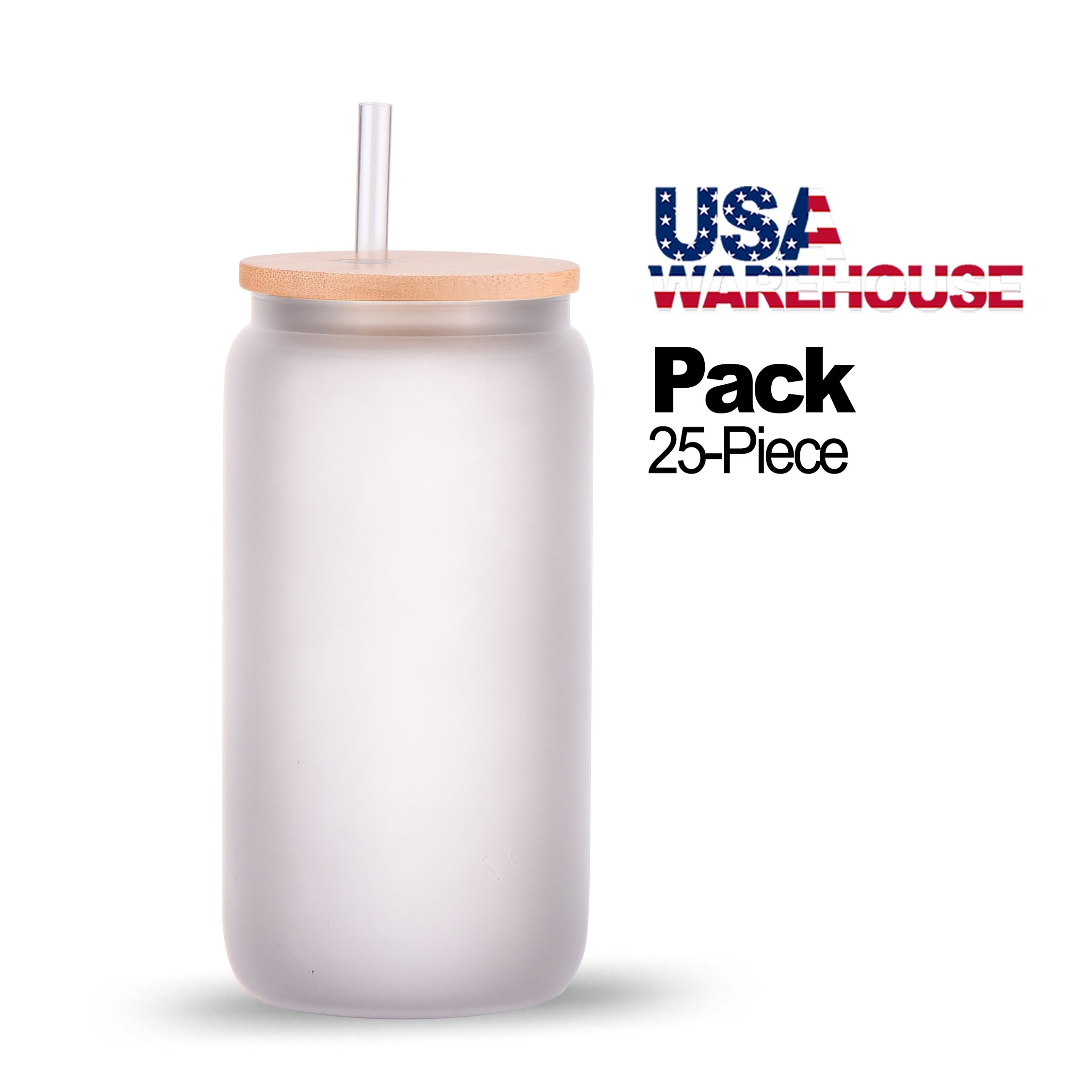 25Pack 16oz Sublimation Frosted Clear Glass Jar with Bamboo Lids and  Plastic Straw