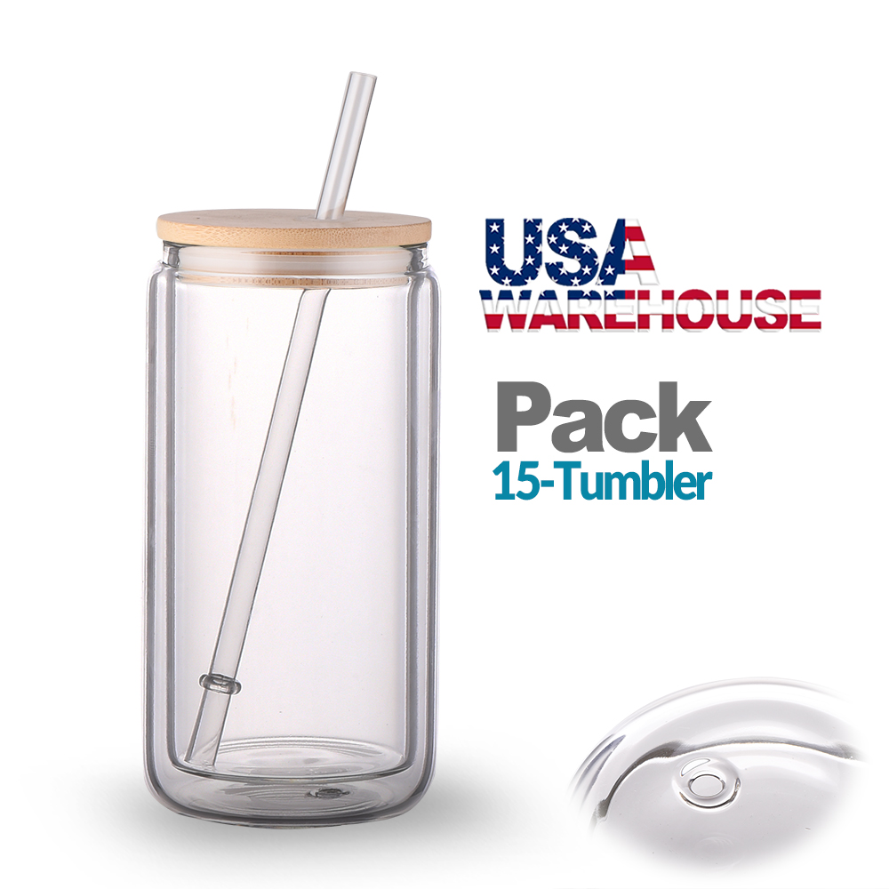 15oz Double Walled Glass Tumbler Blank Can Sublimation Bamboo Lid and Straw